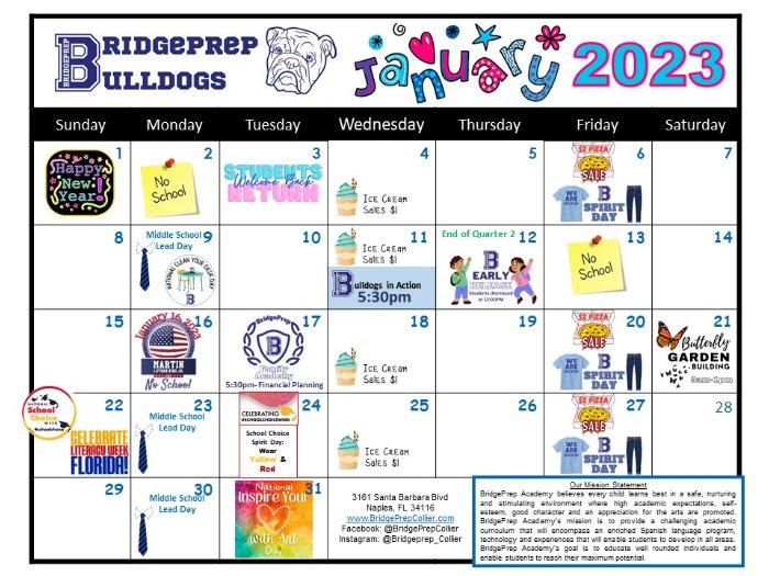 January 2023 BridgePrep Academy of Collier Activities Calendar is out! - News and Announcements - January 2023 BridgePrep Academy of Collier Activities Calendar is out! - News and Announcements -